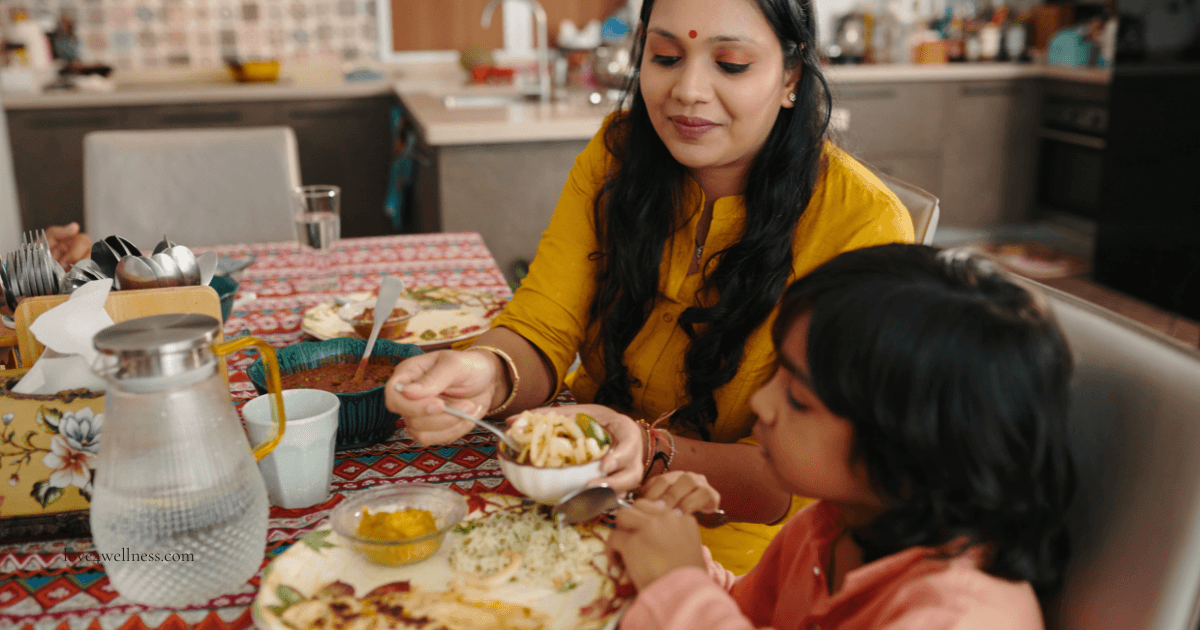 Mother serving healthy meal to her child - Image representing the connection between child nutrition and brain development