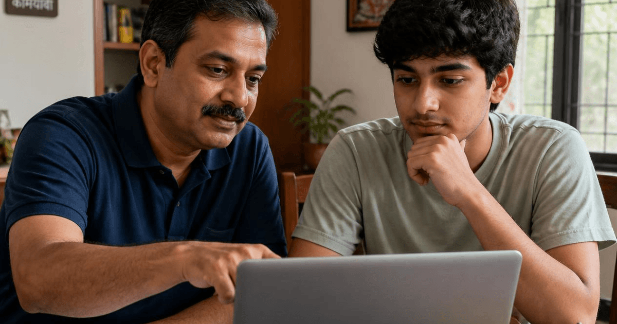 Indian father and teenage son reviewing career options on a laptop — will AI take my child's job
