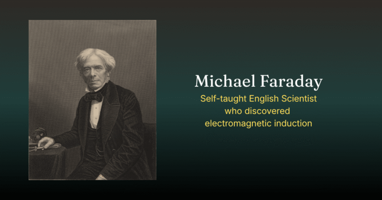 Sepia-toned engraved portrait of Michael Faraday, an elderly white-haired man in a dark 19th-century coat and bow tie, seated beside laboratory apparatus, with the text "Michael Faraday: Self-taught English Scientist who discovered electromagnetic induction."