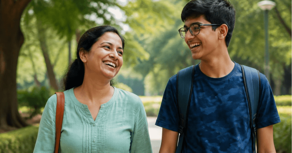 Teenager walking beside his mother