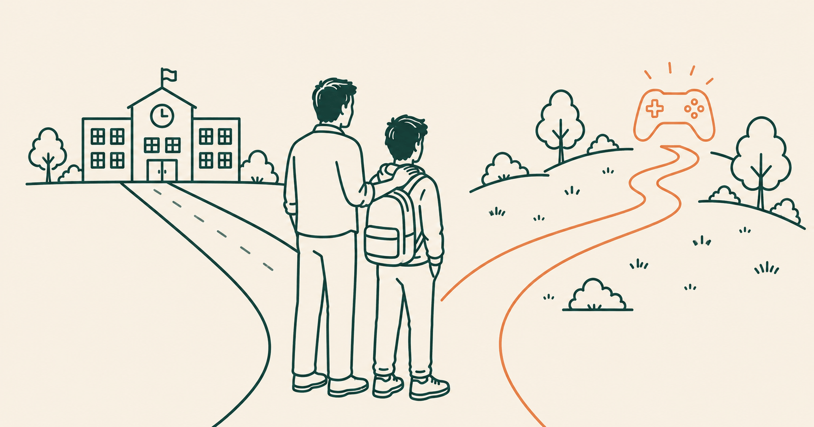 A parent standing beside their child at a forked path, both looking toward the path leading to gaming as a career — symbolising trust when a child wants an unconventional career.