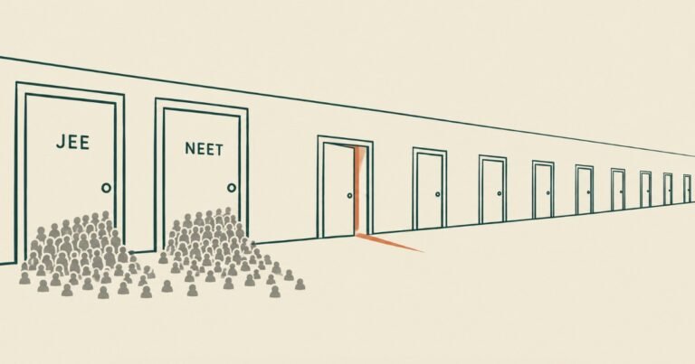 Illustration of two crowded doors and a corridor of quieter ones, representing entrance exams other than JEE and NEET.
