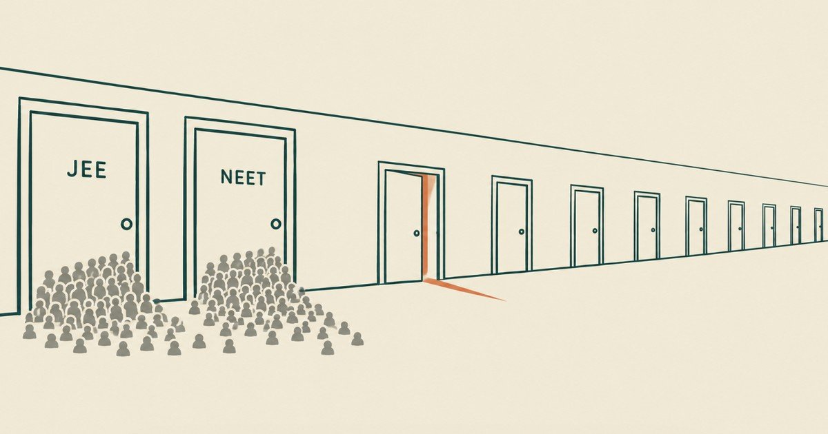Illustration of two crowded doors and a corridor of quieter ones, representing entrance exams other than JEE and NEET.