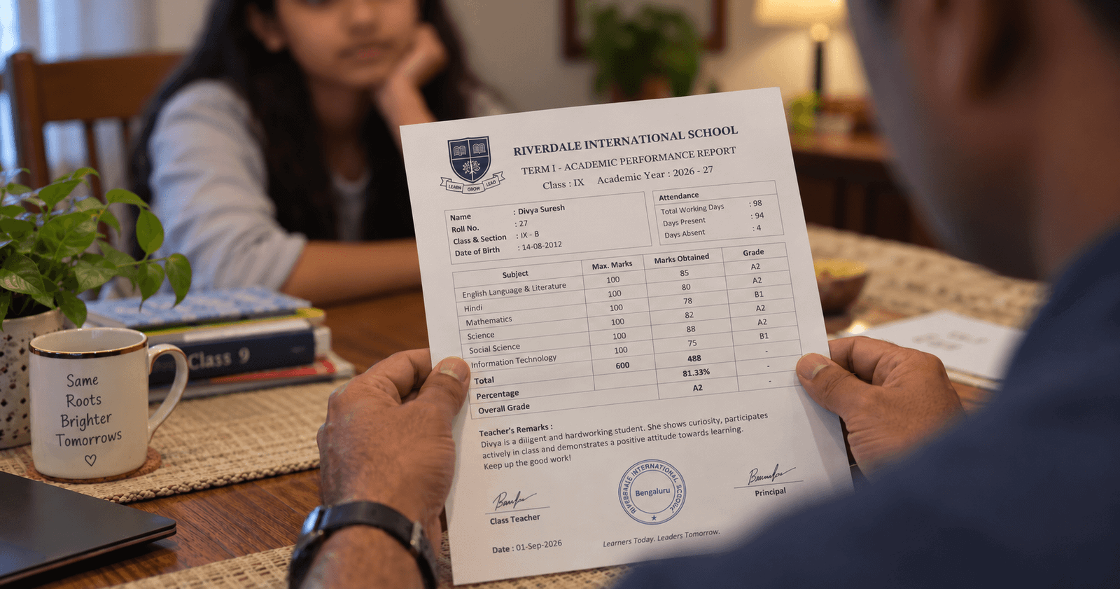 A child watching a parent read a marksheet, showing how parents pass anxiety to their children