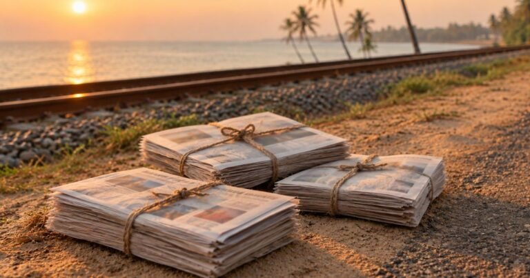 Three bundles of newspapers tied with twine beside a railway track near the sea at dawn, recalling the roadside where young Abdul Kalam caught newspapers