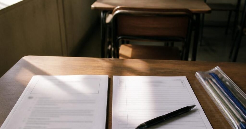 A question paper and answer booklet on an exam desk before writing begins, the reading time that eases exam stress in teenagers.