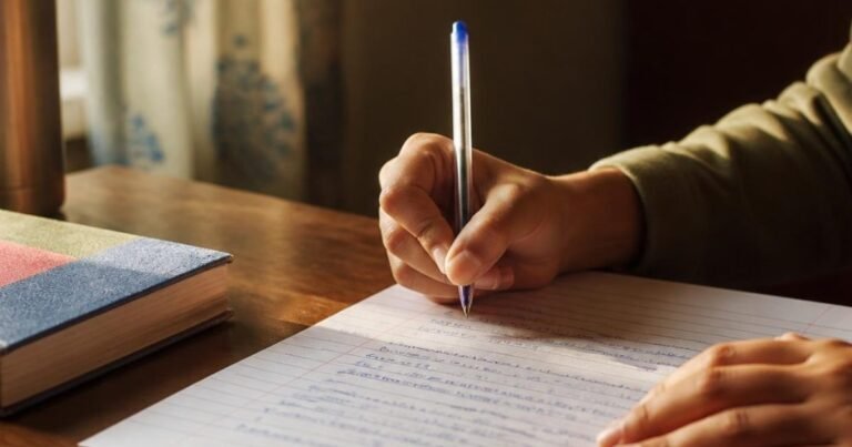 A student’s hands writing on an answer sheet during board week, easing exam stress in teenagers.