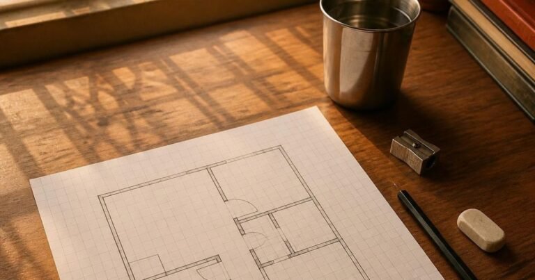 Pencil floor plan on graph paper beside a steel tumbler on a wooden desk, for how to choose a stream after 10th
