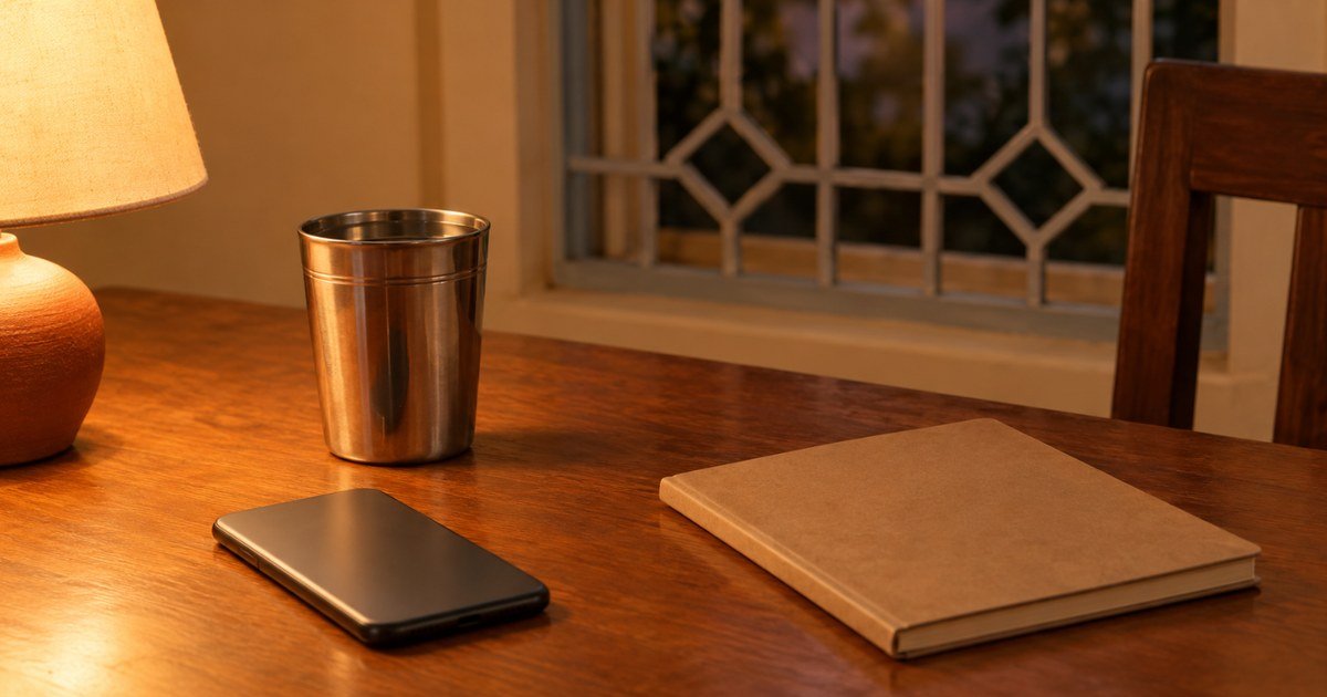 A dark smartphone lying idle beside a steel tumbler and a closed notebook on a wooden table, a quiet pause that shows how to teach children to spot fake news.