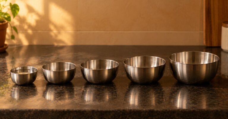 Five steel bowls in a row from smallest to largest on a granite kitchen counter in warm evening light, for parents asking is coaching necessary for JEE and NEET.