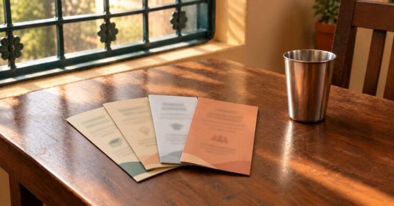 Four leaflets with blurred print in cream, sand, grey and terracotta, fanned on a wooden dining table beside a steel tumbler, for parents comparing JEE and NEET coaching in Chennai.
