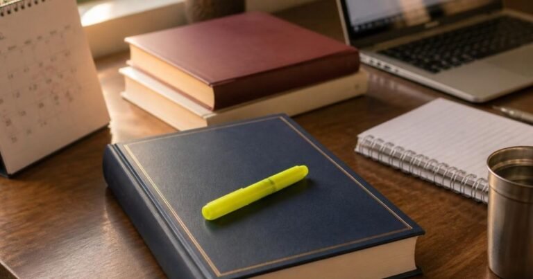 A study desk with hardbound books, a highlighter and a calendar marked in red, planning law entrance exams other than CLAT.
