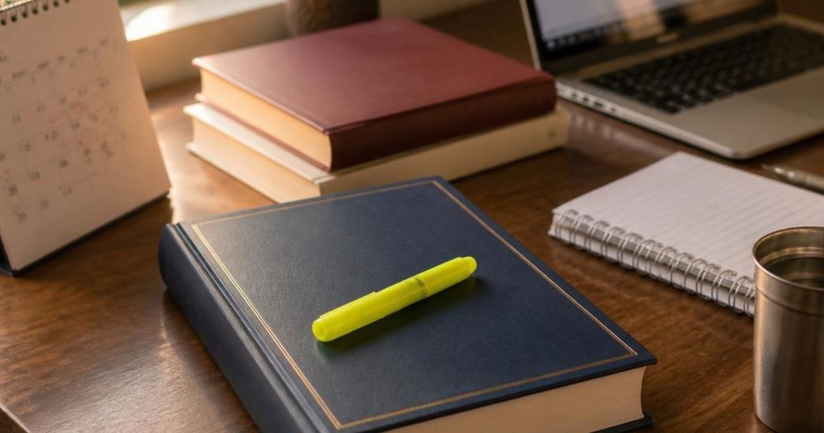 A study desk with hardbound books, a highlighter and a calendar marked in red, planning law entrance exams other than CLAT.